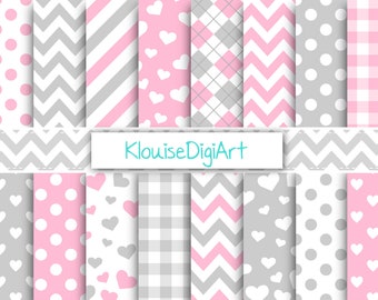 Baby Pink and Gray Digital Printable Papers with Chevrons, Hearts, Gingham