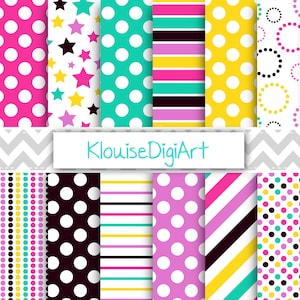 Polka Dot, Chevrons and Stripes Digital Papers in Pink, Green, Purple, Black and Yellow