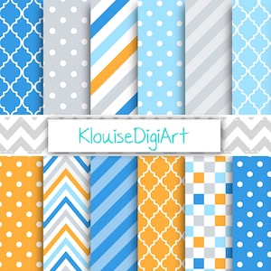 May include: A set of 16 digital paper patterns in blue, gray, orange, and white. The patterns include stripes, polka dots, chevron, and geometric designs.  KlouiseDigiArt.