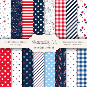 May include: Sixteen digital papers featuring patriotic designs in red, white, and blue. Patterns include stars, stripes, fireworks, and ice lollies. Each paper measures 305mm x 305mm. The text "KlouiseDigiArt" and "INSTANT DOWNLOAD" are visible.