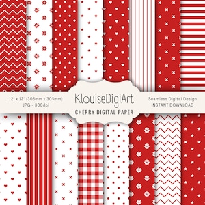 May include: A selection of red and white digital papers with diverse patterns, such as chevrons, polka dots, hearts, stars, stripes, and gingham. The papers measure 305mm x 305mm and display the text "KlouiseDigiArt CHERRY DIGITAL PAPER".