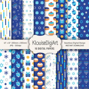 May include: A collection of 16 digital papers with various patterns, including menorahs, Stars of David, dreidels, donuts, and gifts. The papers are in shades of blue and white, with a size of 12 x 12 inches (305mm x 305mm). The text "KlouiseDigiArt" and "Seamless Digital Design" are visible.