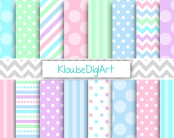 May include: A selection of pastel-coloured digital papers featuring diverse patterns such as polka dots, stripes, and chevrons. The colour scheme includes blues, greens, pinks, and purples. The text "KlouiseDigiArt" is displayed on a white banner.