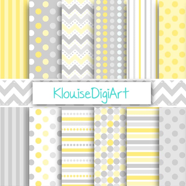 Yellow and Gray Digital Papers with Stripes, Polka dots and Chevrons