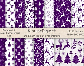 Seamless Christmas Winter Reindeer Digital Printable Papers in Purple with Clipart