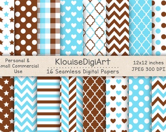 Seamless Brown, Blue and White Digital Printable Papers with Polka Dots, Chevron, Quatrefoil, Stripes