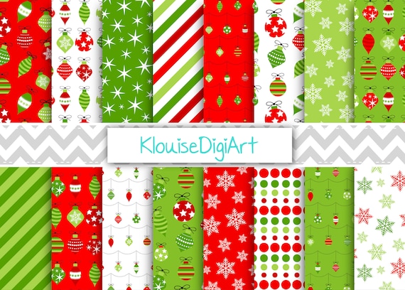 Red and Green Christmas Baubles Digital Printable Papers with Snowflakes