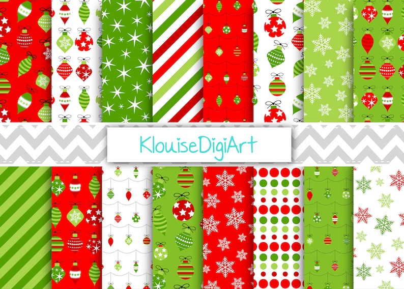 May include: A set of 12 digital paper patterns featuring Christmas ornaments, snowflakes, stripes, polka dots, and chevron patterns in red, green, and white.