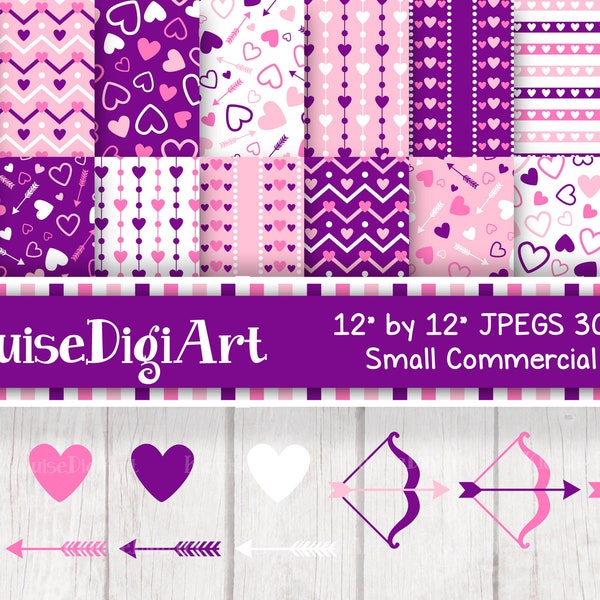 Valentine Hearts Digital Printable Papers and Clipart in Purple, Pink and White
