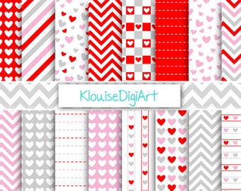 Red, Gray and Pink Valentine's Day Digital Printable Papers with Hearts, Stripes, Chevrons