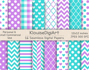 Seamless Purple, Turquoise Blue and White Digital Printable Papers with Polka Dots, Chevron, Quatrefoil, Stripes