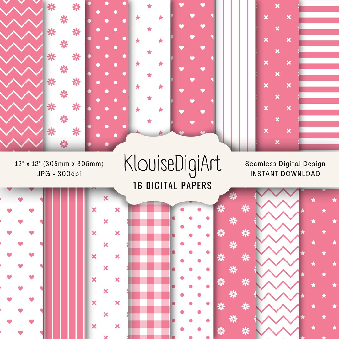 Rose Pink Digital Paper Pack, Romantic Scrapbook Patterns, Seamless ...