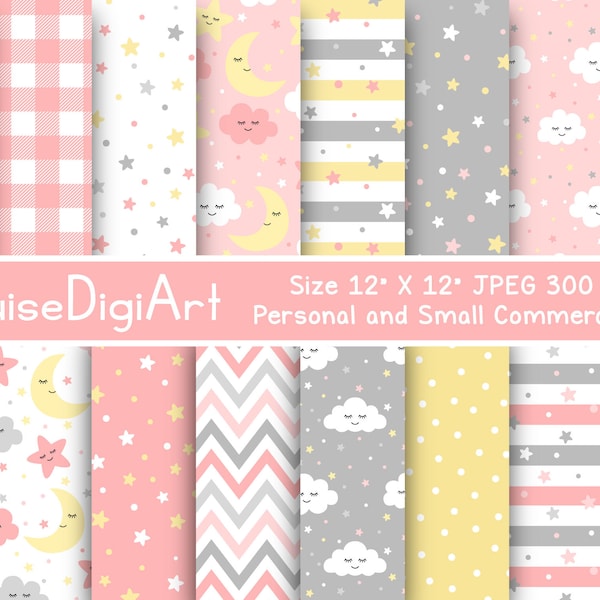 Moon, Stars and Clouds Digital Printable Papers in Coral Pink, Yellow and Gray