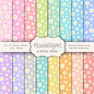 Può includere: Una collezione di 16 carte digitali, ciascuna di 305 mm x 305 mm, con un motivo a margherita senza cuciture. Le margherite hanno petali bianchi e centri gialli, su sfondi pastello come rosa, verde e blu. Il testo "KlouiseDigiArt" è incluso.