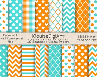 Seamless Turquoise Blue, Orange and White Digital Printable Papers with Polka Dots, Chevron, Quatrefoil, Stripes