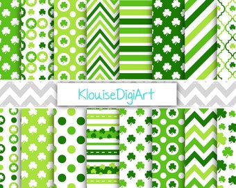 Green Irish St Patrick's Day Printable Digital Papers with Shamrocks, Stripes, Polka dots