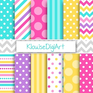 May include: A collection of colorful digital papers with various patterns. Designs include polka dots, stripes, chevrons, and diagonal stripes in shades of pink, turquoise, yellow, purple, and white. The text "KlouiseDigiArt" is displayed.