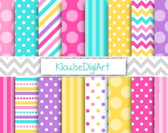 May include: A collection of colorful digital papers with various patterns. Designs include polka dots, stripes, chevrons, and diagonal stripes in shades of pink, turquoise, yellow, purple, and white. The text "KlouiseDigiArt" is displayed.