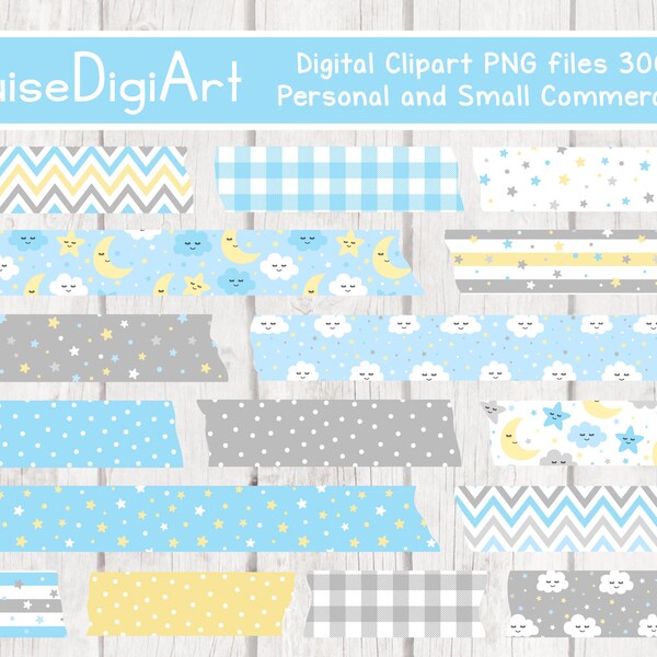 Moon, Stars and Clouds Digital Washi Tape Clipart in Blue, Yellow and Gray