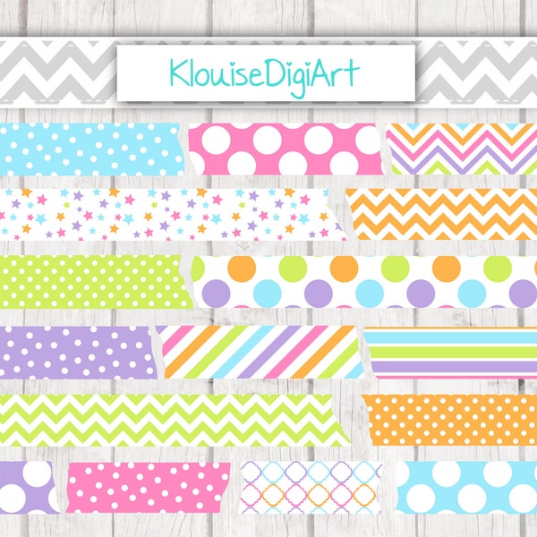 Pink, Green and Purple Digital Washi Tape Clipart with Polka Dots, Chevron and Stars