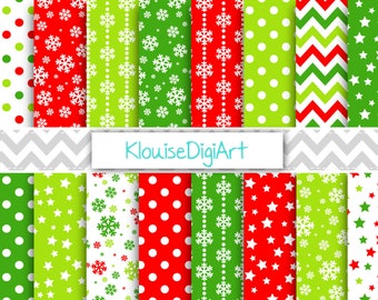 Bright Red and Green Christmas Winter Digital Printable Papers with Snowflakes, Chevrons and Stars