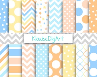 Pastel Blue, Yellow and Orange Digital Printable Papers with Polka Dots, Chevrons, Stripes