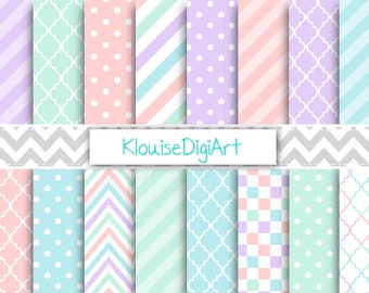 Green, Blue, Pink and Purple Printable Digital Papers with Stripes, Quatrefoil, Chevrons, Polka Dots