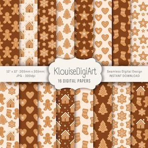 May include: A collection of 16 digital papers with a gingerbread theme. Each paper features a repeating pattern of gingerbread men, houses, snowflakes, stars, hearts, and stockings. The papers are 12 x 12 inches (305mm x 305mm) and are available for instant download.