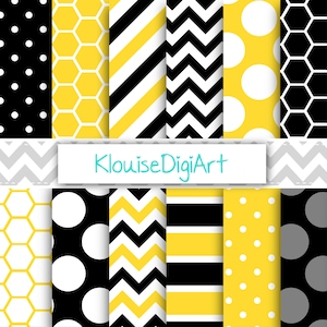 Puede incluir: Un conjunto de 12 patrones de papel digital en amarillo, negro y gris. Los patrones incluyen lunares, rayas, chevron y panal.