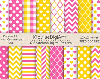 Seamless Pink, Yellow and White Digital Printable Papers with Polka Dots, Chevron, Quatrefoil, Stripes