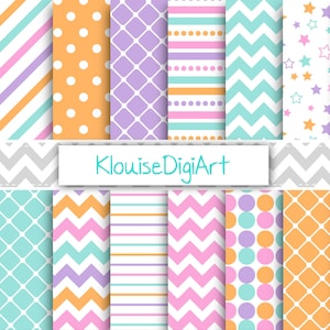 Pink, Blue, Orange and Purple Digital Papers with Stars, Quatrefoil, Stripes and Chevrons