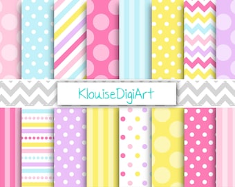 Pink, Purple, Yellow and Blue Digital Papers with Polka Dots, Stripes, Chevrons
