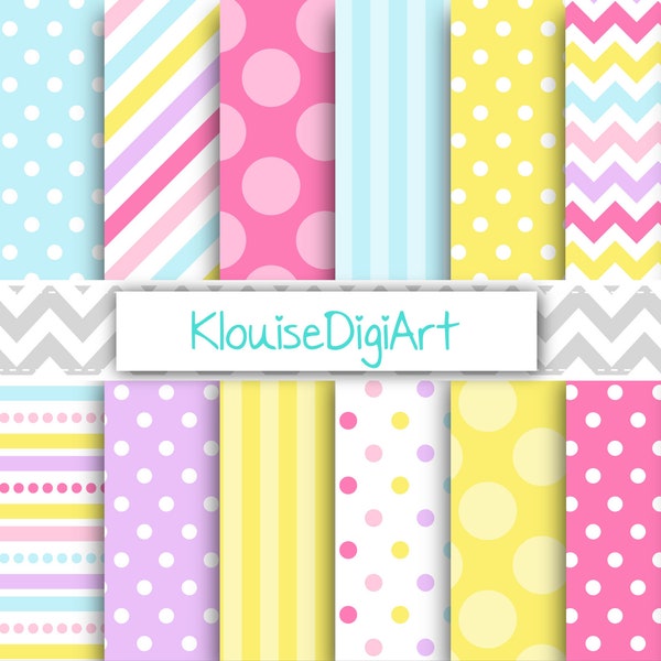 Pink, Purple, Yellow and Blue Digital Papers with Polka Dots, Stripes, Chevrons
