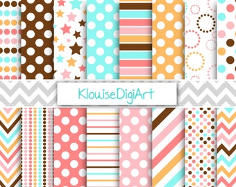 Polka Dot, Chevrons and Stripes Digital Papers in Pink, Blue, Orange and Brown