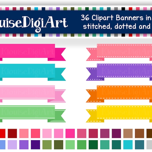 Rainbow and Pastel Digital Clipart Ribbon Banners in Plain, Lined, Dotted and Stitched 01