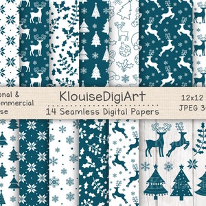 Nahtlose Weihnachten Winter Rentier Digital Printable Papiere in Teal Blau mit Clipart