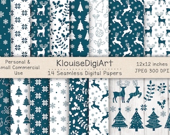 Seamless Christmas Winter Reindeer Digital Printable Papers in Teal Blue with Clipart