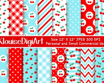 Cherries, Stripes, Dots and Gingham Digital Printable Papers in Red and Bright Blue