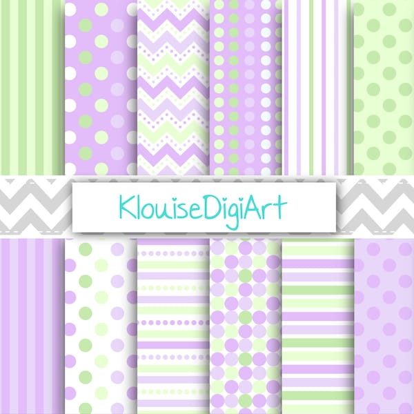 Lilac Purple and Green Digital Scrapbooking Papers with Stripes, Chevrons and Polka Dots