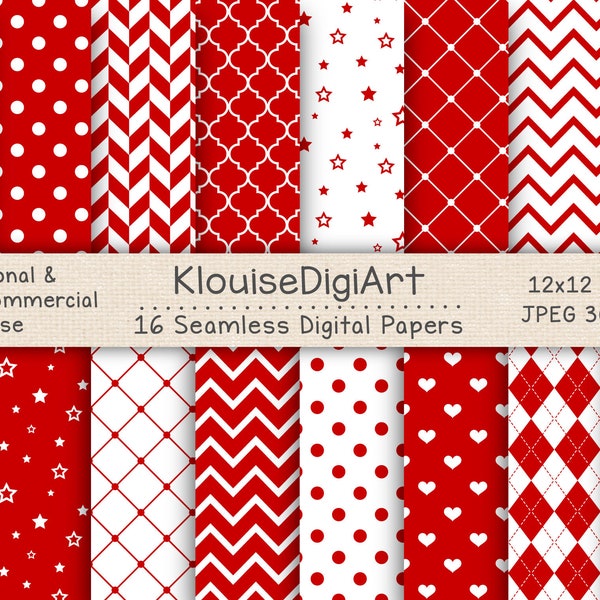Seamless Cherry Red and White Digital Printable Papers with Polka Dots, Chevron, Stripes