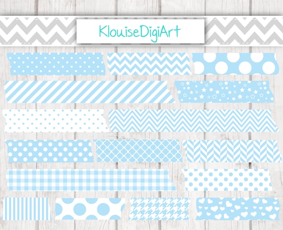 Baby Blue Washi Tape PNG Digital Clipart with Polka Dots, Stripes,  Chevrons, Gingham, Herringbone