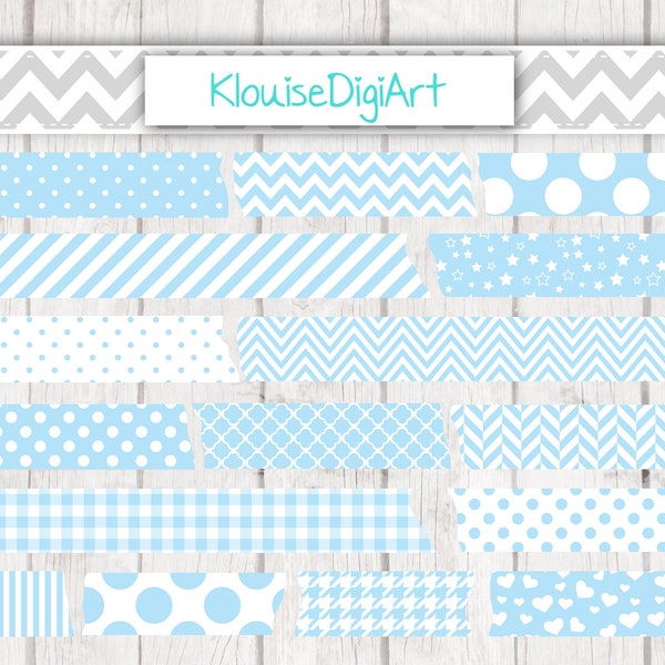 Baby Blue Washi Tape PNG Digital Clipart with Polka Dots, Stripes, Chevrons, Gingham, Herringbone