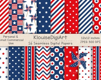 Seamless Fourth of July Independence Day Printable Papers in Red and Blue