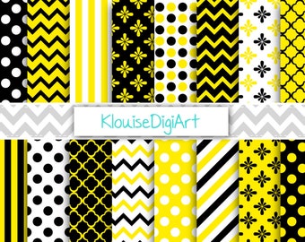 Black and Yellow Digital Printable Papers with Chevrons, Stripes, Polka Dots