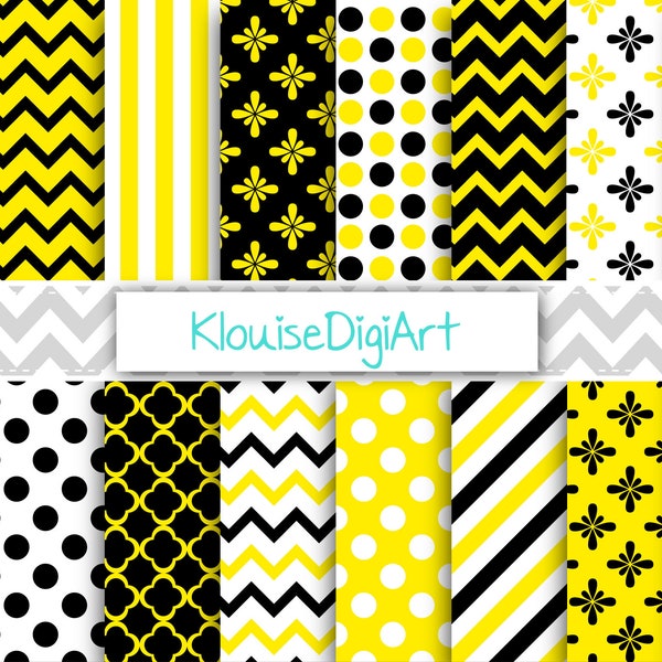 Black and Yellow Digital Printable Papers with Chevrons, Stripes, Polka Dots