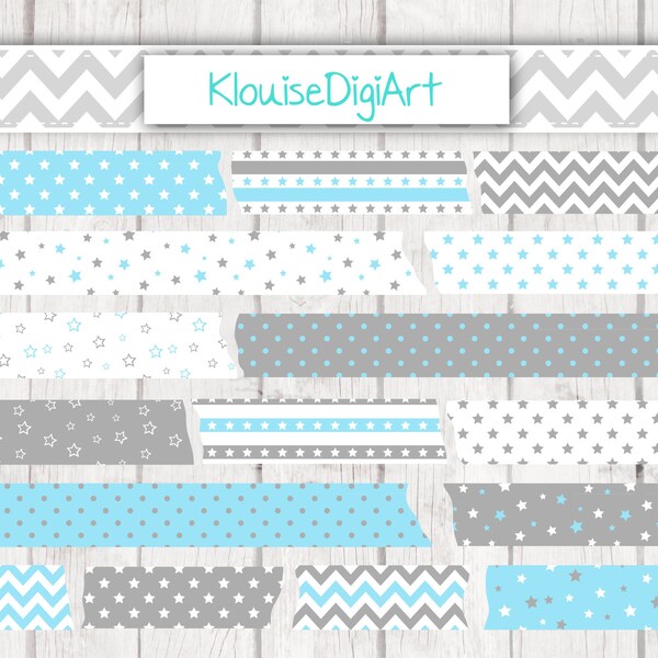 Blue and Dark Gray Stars, Chevrons and Polka Dots Digital Washi Tape Clipart