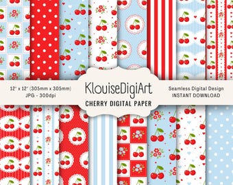 Cherry Digital Paper Pack, Blue Scrapbook Patterns, Seamless 12x12 JPG