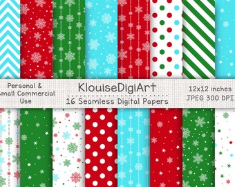 Seamless Christmas Snowflakes Digital Printable Papers in Red, Green and Blue with Clipart