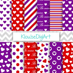 Red and Dark Purple Valentine&#39;s Day Digital Printable Papers with Hearts, Stripes, Polka dots and Wording