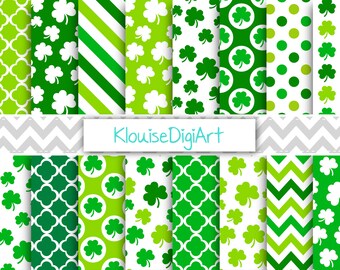 Green St Patrick's Day Digital Papers with Shamrocks, Quatrefoil, Stripes